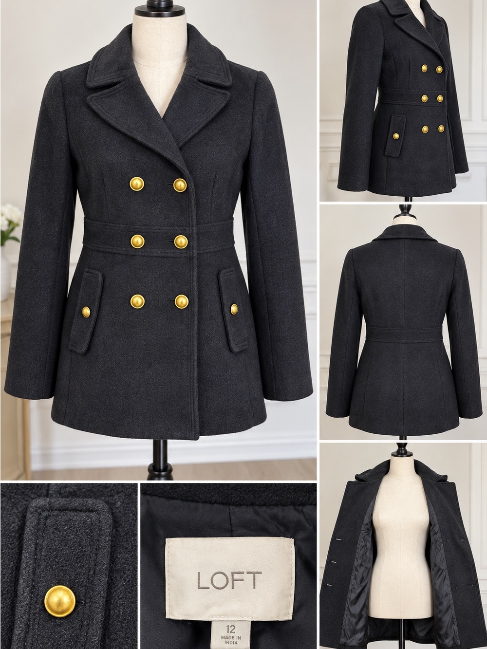 LOFT Black Wool Blend Double Breasted Military Coat Gold Buttons Size 12